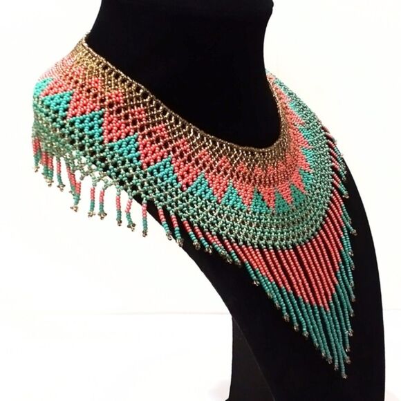 Vintage Hand Woven Seed Bead Collar Style Statement Necklace - Picture 5 of 10